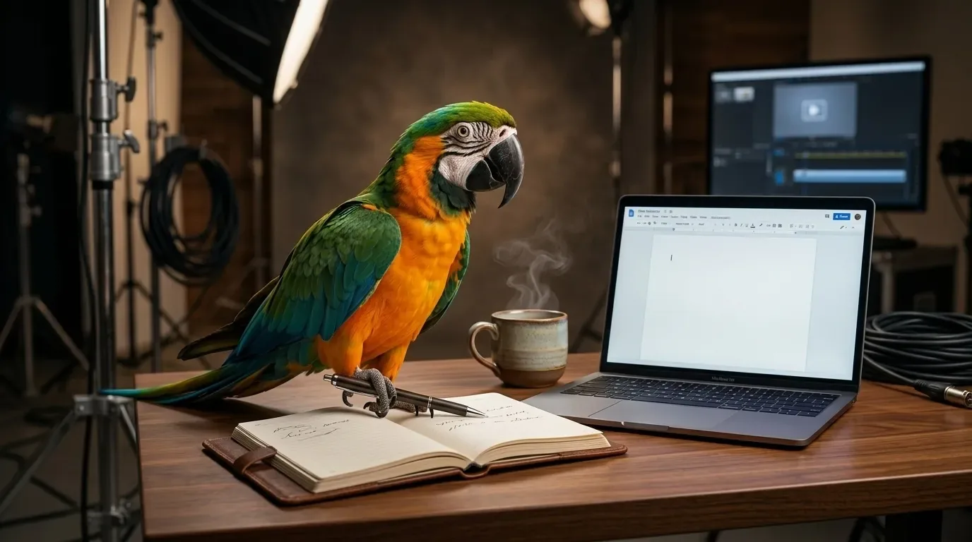 A colorful parrot at a video production desk with a notebook, coffee, and laptop